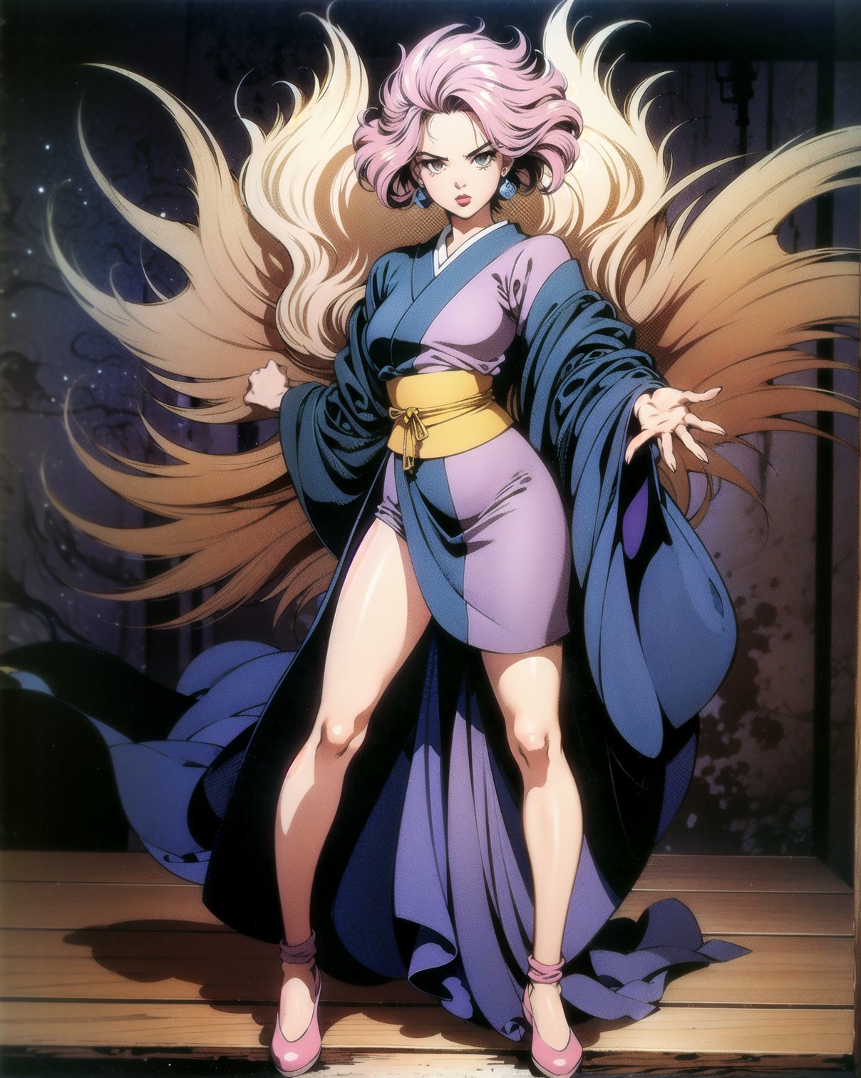 vintage sticker of a full body portrait of a woman in the Japanese retro anime style of the 80s and 90s. The scene features a top model with wild hair, exuding confidence and allure. She stands in a dynamic pose that highlights her form and curves, set against a soft pink and yellow palette. The lighting reflections and shadows add depth and intensity to the scene. Her gaze is evocative and intense, aware of her own beauty and playing it up for the photoshoot. She is dressed in stylish, minimalist clothing that accentuates her form, with bold lipstick and eyeliner highlighting her sharp facial features. The background is minimalist, ensuring all attention is on her captivating presence. Emphasize her confident pose, wild hair, and the dramatic interplay of light and shadow, creating a nostalgic yet striking visual in the retro anime style.