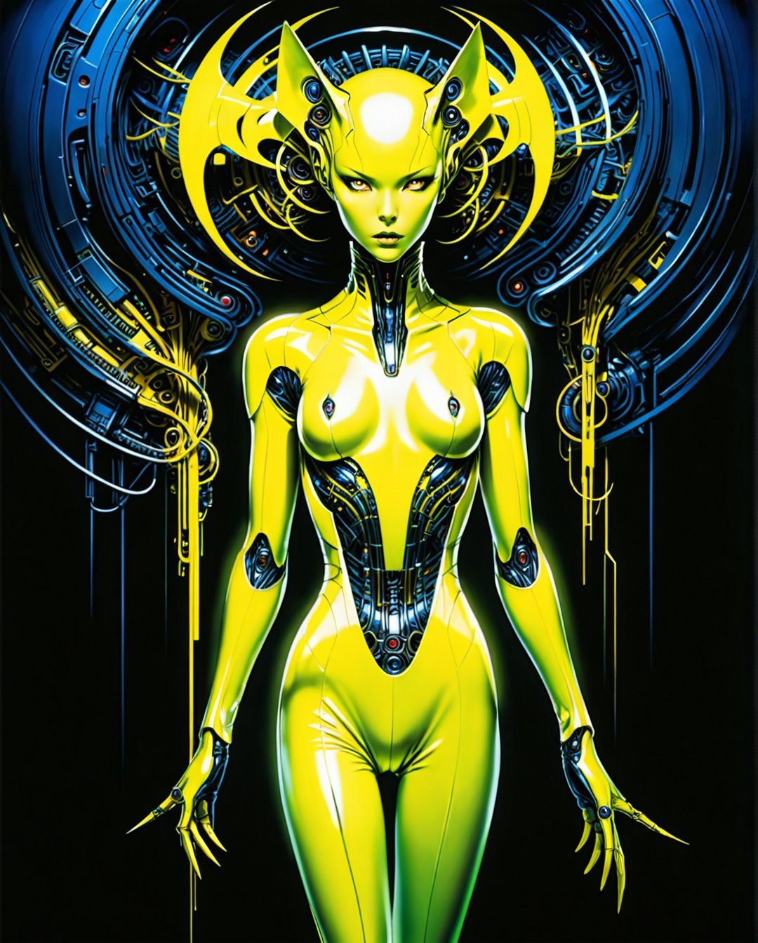 Art style by amano yoshitaka, In a neon-lit cyberpunk space setting, a figure emerges clad in a sleek yellow jumpsuit, designed with a distinct art style reminiscent of Yoshiaki Kawajiri. The scene is portrayed in a vivid and elaborate digital painting, showcasing sharp edges and dynamic colors. The jumpsuit gleams with metallic sheen, accentuating the mysterious allure of the character. Every detail, from the sleek contours to the intricate patterns, contributes to the image's captivating and high-quality execution, drawing viewers into a futuristic world of intrigue and sophistication., 1990s (style), in the style of nicola samori, detailed 8k horror artwork,
art by Tsutomu Nihei gerald-brom