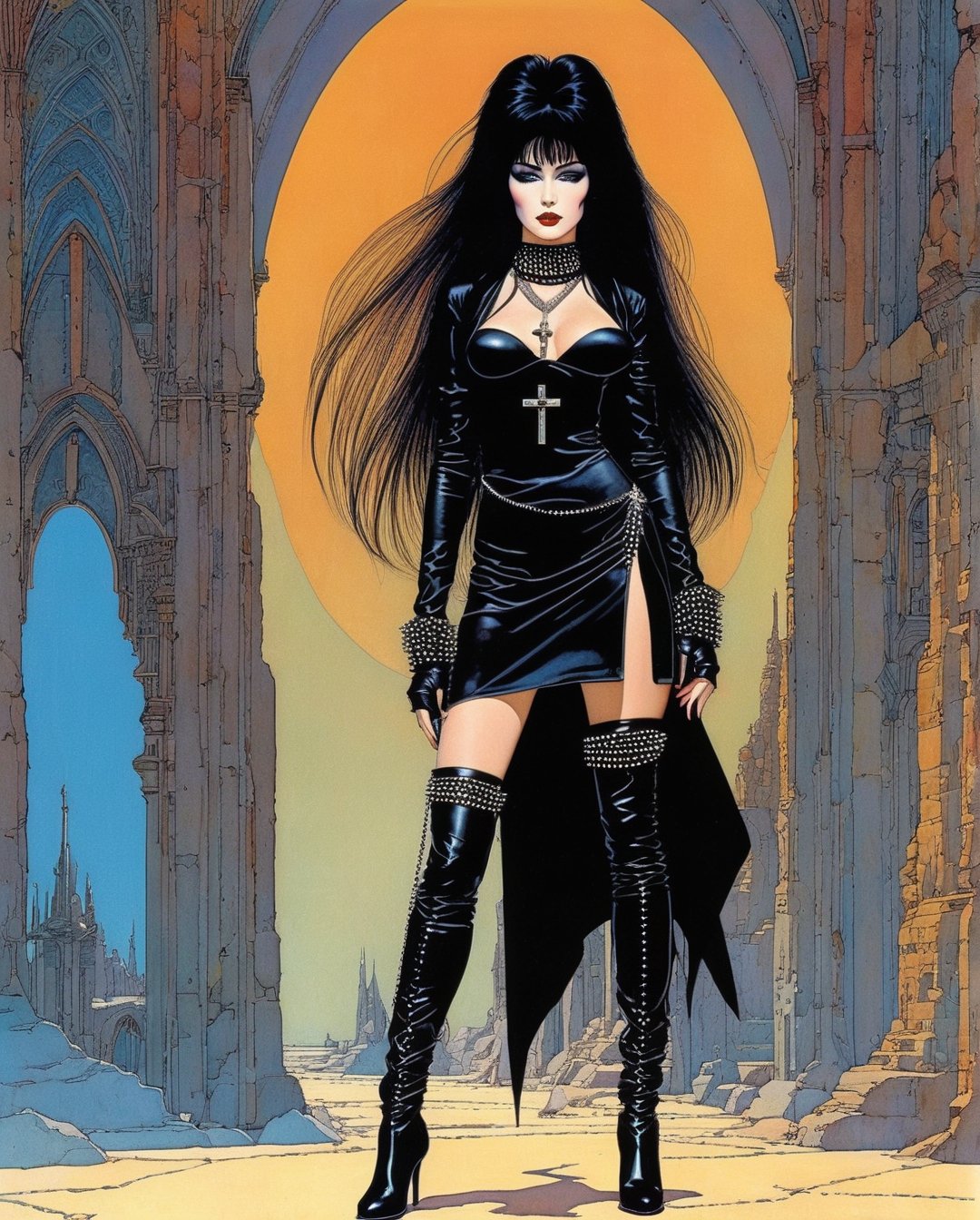 Moebius (Jean Giraud) Style - A picture by Jean Giraud Moebius, ((masterpiece)), ((best quality)), (masterpiece, highest quality), Goth woman, Siouxsie Sioux, long black hair with bangs, Cross rosary, cross pendants, spike choker, spike bracelet, black outfit, fishnet stockings, black platform boots, full body. art style by Moebius