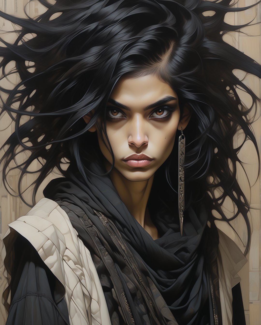 (ethereal dark fairy tale by Nicola Samori, JC Leyendecker), A rebellious Saudi Arabian woman, her black hair styled into a punk rock inspired look, complements her brown eyes and light brown tan skin. The image, possibly a vibrant painting or a striking photograph, captures her bold and unique style with precision. Every detail, from her edgy clothing to her unconventional appearance, exudes an air of confidence and individuality. The high quality of the image allows viewers to truly appreciate the essence of her unconventional beauty and self-expression.