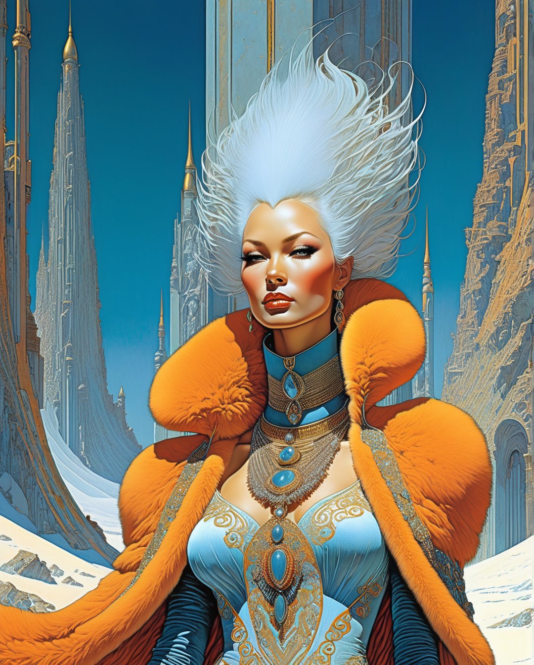 Moebius (Jean Giraud) Style - A picture by Jean Giraud Moebius, ((masterpiece)), ((best quality)), (masterpiece, highest quality), (masterpiece), female demon Empress,Ultra-HD 32k ultra-high resolution ultra-high definition, perfectly composed crisp sharp imagery of an intricately constructed,look away,wearing massive foxtail fur dress,enormous fur boots,enormous fur collar,highly detailed, collapse city landscape, collapse-city background, dynamic, hyperrealistic, highly detailed, hdr, cinematic, classy, astonishing, alluring, radiant, tantalizing, very beautiful, mesmeric, very stylish, award winning, spectacular, splendid, excellent, very pretty, Hyper-focused, clarity, sharp features, insanely detailed, ultra-high definition, optimal fidelity, maximum definition, intricately refined sharp visual quality, 32k resolution. filigree, clarity, high quality, Hyper-focused, insanely detailed, ultra-high definition, optimal fidelity, maximum definition, intricately refined sharp visual quality, 32k resolution. art style by Moebius