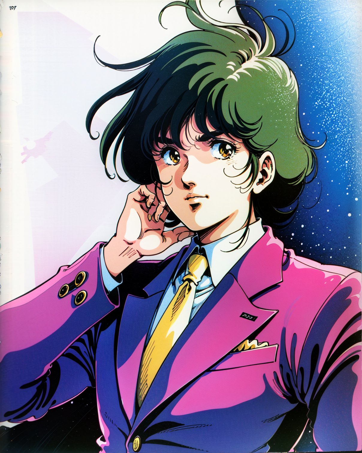 ((Art style by haruhiko mikimoto)), 1man, solo, black hair, brown eyes, wearing a purple suit, white shirt, yellow tie, white background, hand on knot of necktie. masterpiece, best quality, very aesthetic, absurdres traditional media
retro artstyle
1980s style