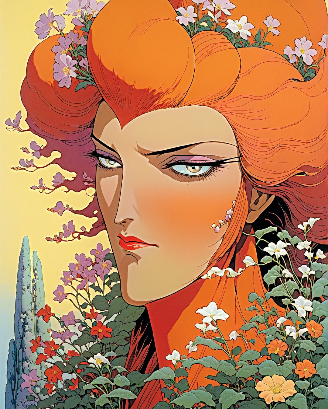 Moebius (Jean Giraud) Style - A picture by Jean Giraud Moebius, ((masterpiece)), ((best quality)), (masterpiece, highest quality), (masterpiece),a painting of a woman's head surrounded by flowers. art style by Moebius