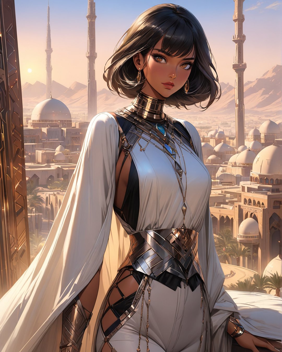 In the futuristic Saudi Arabian Metropolis, a strikingly unique woman with black short hair, brown eyes, and light brown tan skin stands out against the shiny chromed cityscape. Painted in the art style of Syd Mead, the image is a detailed and vibrant digital painting. The woman's features are beautifully illustrated with intricate details, capturing her mysterious allure. The cityscape behind her is depicted with a stunning blend of futuristic elements and traditional Saudi Arabian architecture, adding depth and realism to the scene. Overall, the image is a high-quality, visually captivating masterpiece that seamlessly combines modernity with cultural richness.