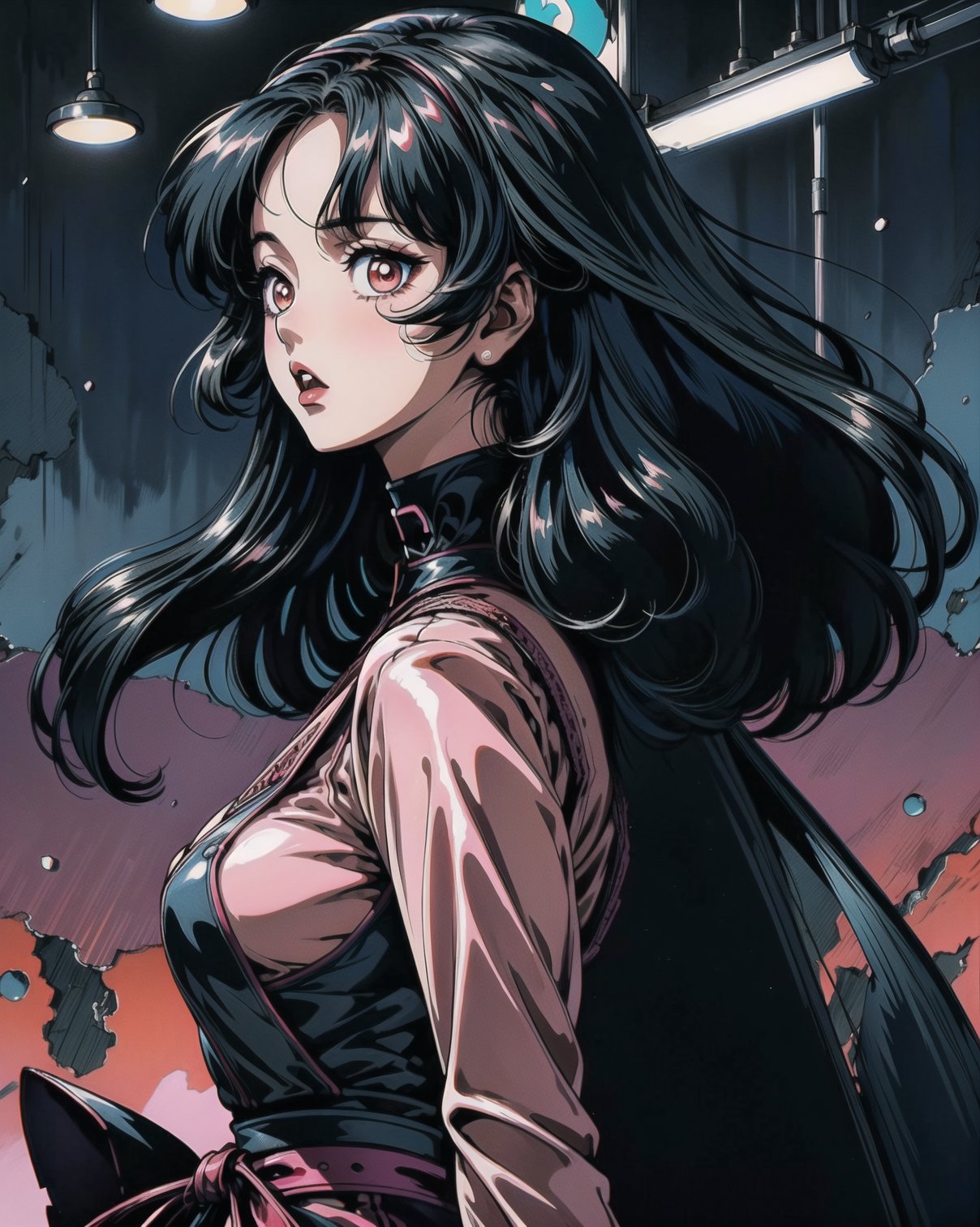 a full-body, high-resolution anime style of a rebellious teenage female goth with short curly black hair, thin face, intense red lips, gothic fashion, inspired by the works of Yoshiaki Kawajiri, vibrant and edgy, with dramatic lighting and dynamic composition, BREAK, Art style by Yoshiaki Kawajiri and Tsukasa Hojo and Toshihiro Kawamoto - -intricately detailed face - -80s and 90s anime still - -1980s retro anime - -1980s and 1990s anime retro nostalgia -highly detailed profile BREAK, ARISTYLE4, Soft Pastel -depth of field, Cinematic Angles, Dynamic angles, (((masterpiece))), perfect face, ((full body shot)),