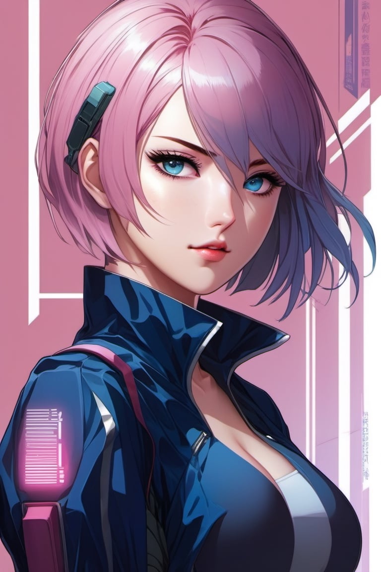 (masterpiece, top quality, super detail, high resolution, best illustration), Anime cyberpunk woman with Pastel Rainbow white blue short hair,Light Pink eyes, 20 years old, by makoto shinkai, stanley artgerm lau, wlop, rossdraws