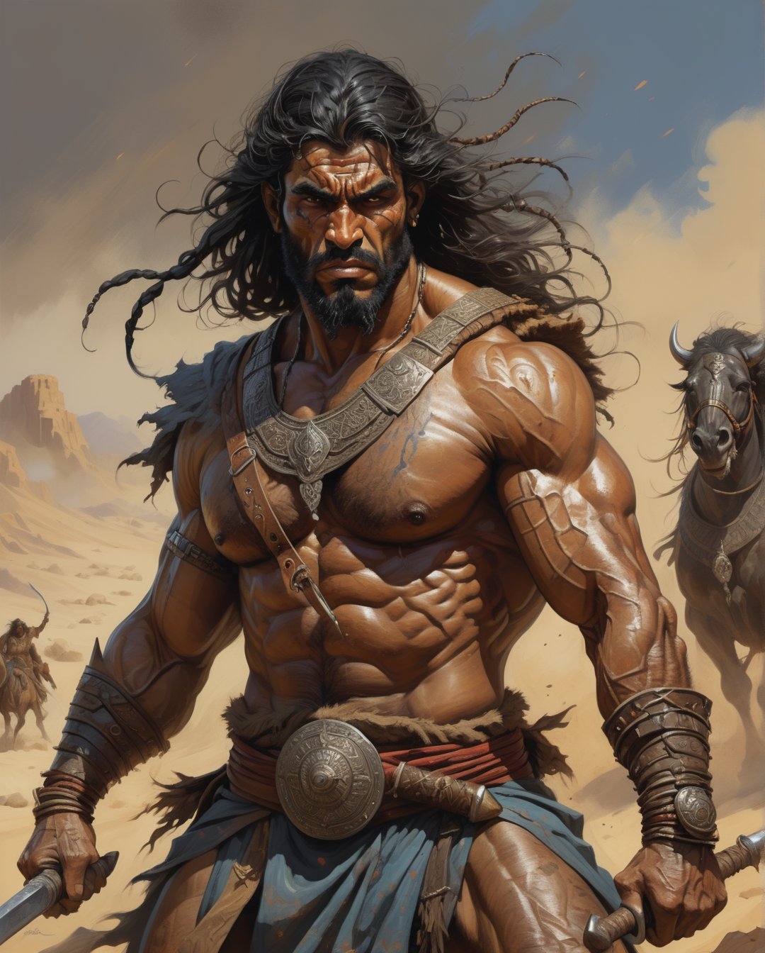 A fiercely raging Saudi Arabian Bedouin berserker, his battle axe gleaming with menace, depicted in the iconic art style reminiscent of Frank Frazetta and Moebius. This powerful warrior is portrayed in a digital painting, showcasing intricate details of his weathered leather armor, dark, untamed hair, and eyes ablaze with determination. The striking composition and vivid colors elevate the image to a mesmerizing work of art, capturing the essence of savage warfare with astounding realism and intensity.