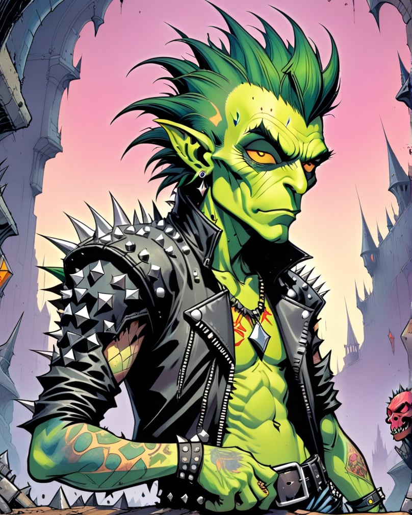 A rebellious goblin clad in edgy punk rock clothing, showcasing intricate details in spiked studs and tattered leather. The character is depicted in a poster design created in the vibrant and imaginative art style of Moebius. The image radiates with raw energy, from the goblin's wild, colorful hair to the intricate tattoos covering their arms. Each element is brought to life with precision and skill, immersing the viewer in a world of rebellious creativity and attitude. This high-quality artwork captures the essence of punk rock in a visually striking and engaging way.