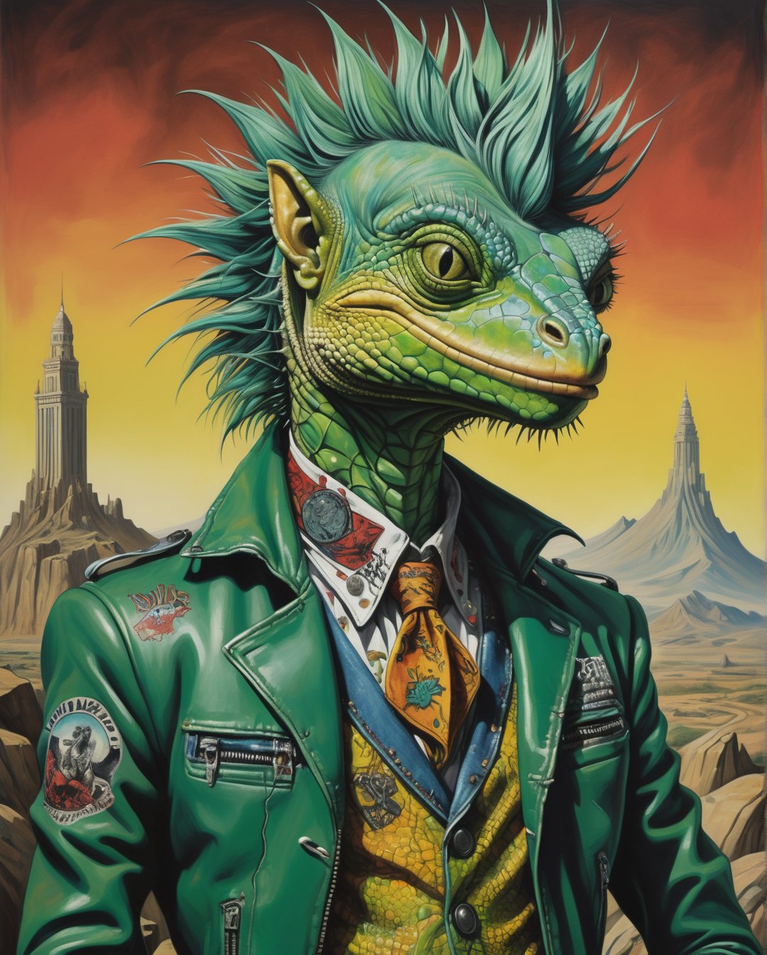 A rebellious anthropomorphic lizard adorned in edgy punk rock attire, this poster design for a rock show is a surreal masterpiece in the style of Salvador Dali and Max Ernst. The lizard protagonist is depicted with vibrant, spiky green hair, spiked leather jacket, and torn jeans, exuding a sense of defiance and coolness. The artwork is a painting that showcases intricate details and bold colors, capturing the essence of rebellion and creativity. The composition is expertly crafted, with a surreal and dreamlike quality that mesmerizes the viewer, making it a visually striking and unforgettable piece.