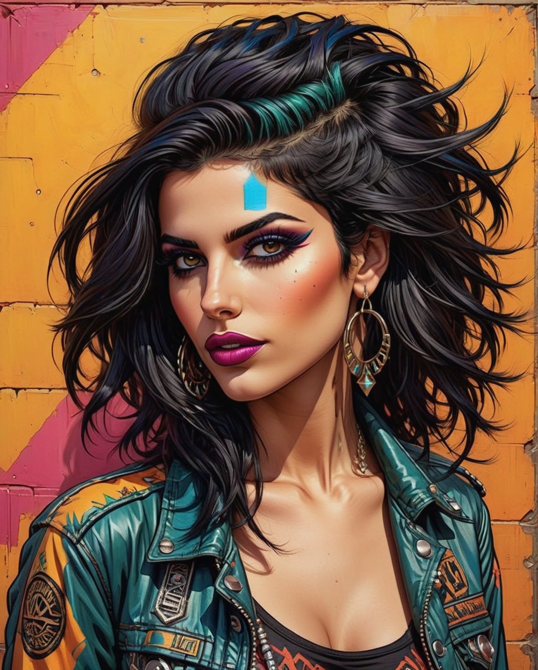 A rebellious Saudi Arabian woman, her black hair styled into a punk rock inspired look, complements her brown eyes and light brown tan skin. The image, possibly a vibrant painting or a striking photograph, captures her bold and unique style with precision. Every detail, from her edgy clothing to her unconventional appearance, exudes an air of confidence and individuality. The high quality of the image allows viewers to truly appreciate the essence of her unconventional beauty and self-expression.