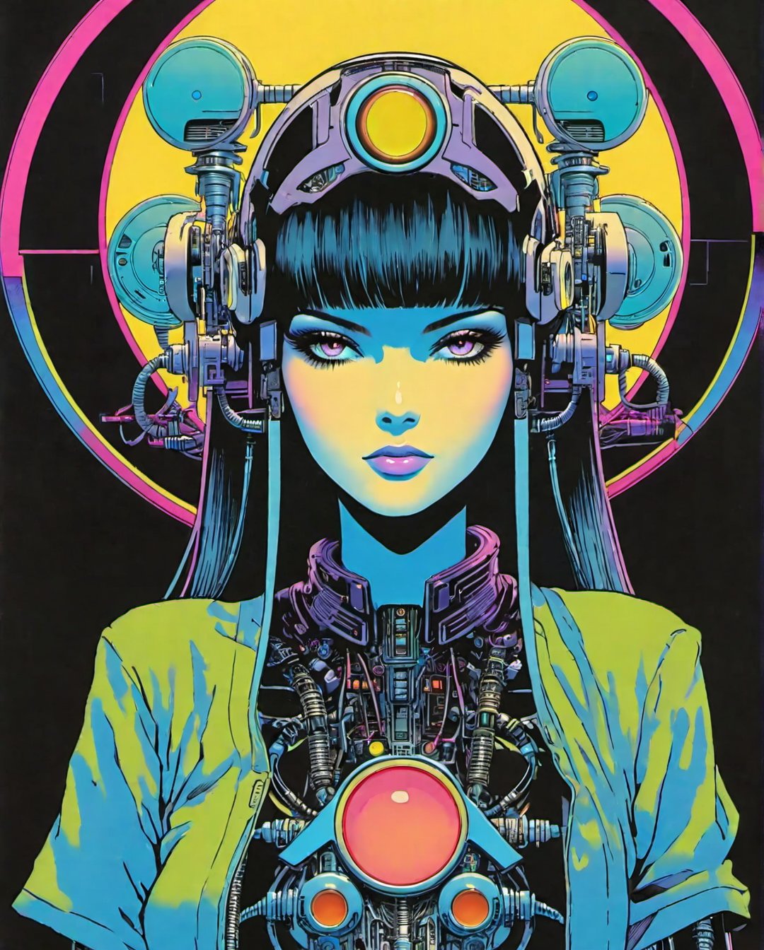 Art style by Noriyoshi Ohrai, Art style by Moebius Jean Giraud, Robot android female futuristic synthwave, circular, vector logo sticker, masterpiece, sleeve pulp style, flat shading, solid background color, t-shirt design