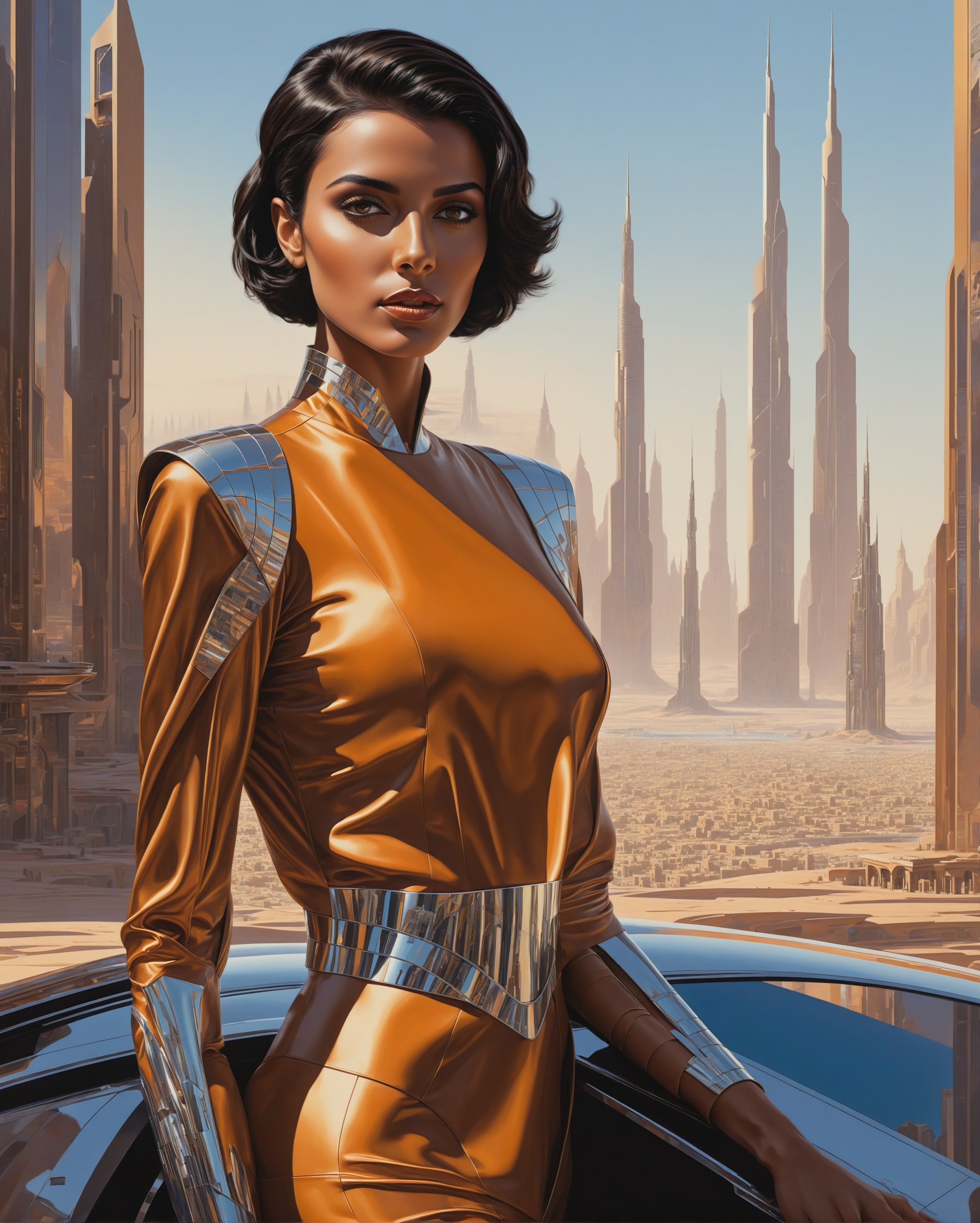 In the futuristic Saudi Arabian Metropolis, a strikingly unique woman with black short hair, brown eyes, and light brown tan skin stands out against the shiny chromed cityscape. Painted in the art style of Syd Mead, the image is a detailed and vibrant digital painting. The woman's features are beautifully illustrated with intricate details, capturing her mysterious allure. The cityscape behind her is depicted with a stunning blend of futuristic elements and traditional Saudi Arabian architecture, adding depth and realism to the scene. Overall, the image is a high-quality, visually captivating masterpiece that seamlessly combines modernity with cultural richness.