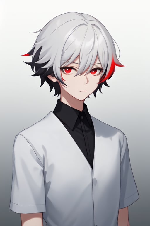 Man alone, looking at viewer, short hair, bangs, simple background, shirt, black hair, red eyes, hair between eyes, closed mouth, upper body, white hair, gray hair, male focus, multi-colored hair, gray background, gradient, black shirt, gradient background, expressionless, butler