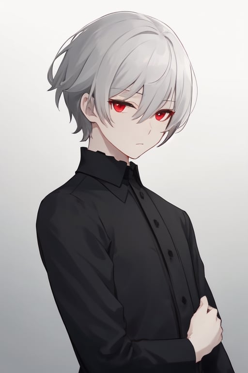 Man alone, looking at viewer, short hair, bangs, simple background, shirt, black hair, red eyes, hair between eyes, closed mouth, upper body, white hair, gray hair, male focus, multi-colored hair, gray background, gradient, black shirt, gradient background, expressionless, butler