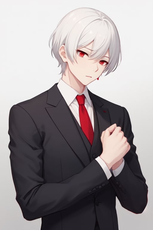 Man alone, short hair, white hair, red eyes, closed mouth, elegant suit, butler suit, black suit, red tie, elegant white shirt, gray background, gray background