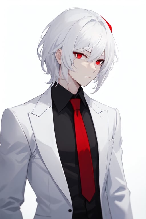 Man alone, with a white suit, black shirt, red tie, white hair, red eyes, white background, front view, half body.