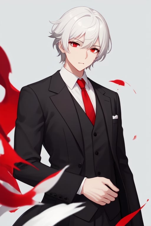 Man alone, short hair, white hair, red eyes, closed mouth, elegant suit, butler suit, black suit, red tie, elegant white shirt, gray background, gray background