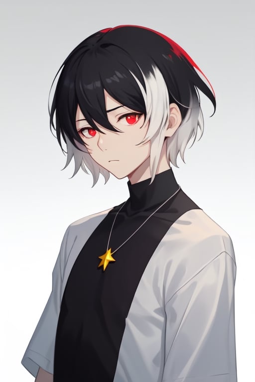 Man alone, looking at viewer, short hair, simple background, shirt, black hair, red eyes, hair between eyes, closed mouth, upper body, white hair, male focus, black and white hair, gray background, gradient, shirt black, gradient background, deadpan galaxy necklace, butler,