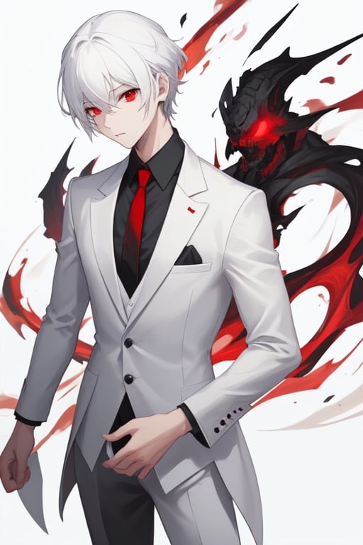 Man alone, with a white suit, black shirt, red tie, white hair, red eyes, white background, front view, half body.