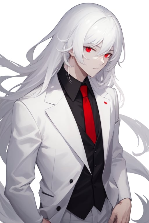 Man alone, with a white suit, black shirt, red tie, white hair, red eyes, white background, front view, half body.