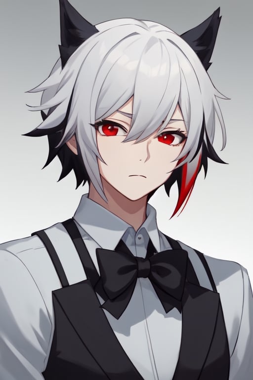 Man alone, looking at viewer, short hair, bangs, simple background, shirt, black hair, red eyes, hair between eyes, closed mouth, upper body, white hair, gray hair, male focus, multi-colored hair, gray background, gradient, black shirt, gradient background, deadpan collar, butler