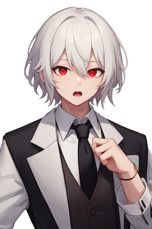 solo, looking at viewer, short hair, open mouth, bangs, simple background, shirt, red eyes, long sleeves, 1boy, white background, hair between eyes, jacket, upper body, white hair, male focus, open clothes, necktie, collared shirt, virtual youtuber, vest, black shirt, formal, white jacket, suit, red necktie, black vest, grey vest