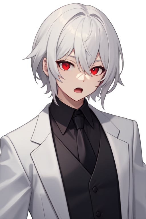 solo, looking at viewer, short hair, open mouth, bangs, simple background, shirt, red eyes, long sleeves, 1boy, white background, hair between eyes, jacket, upper body, white hair, male focus, open clothes, necktie, collared shirt, virtual youtuber, vest, black shirt, formal, white jacket, suit, red necktie, black vest, grey vest