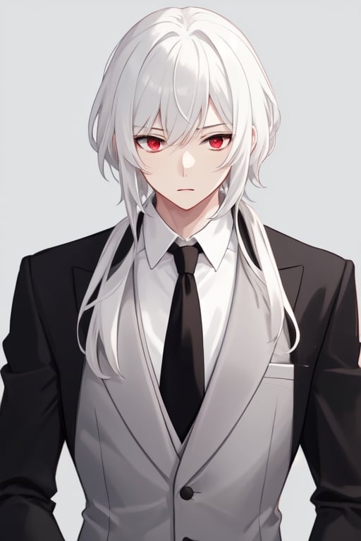 Man alone, long short hair, white hair, red eyes, closed mouth, elegant suit, butler suit, black suit, red tie, elegant white shirt, gray background, gray background