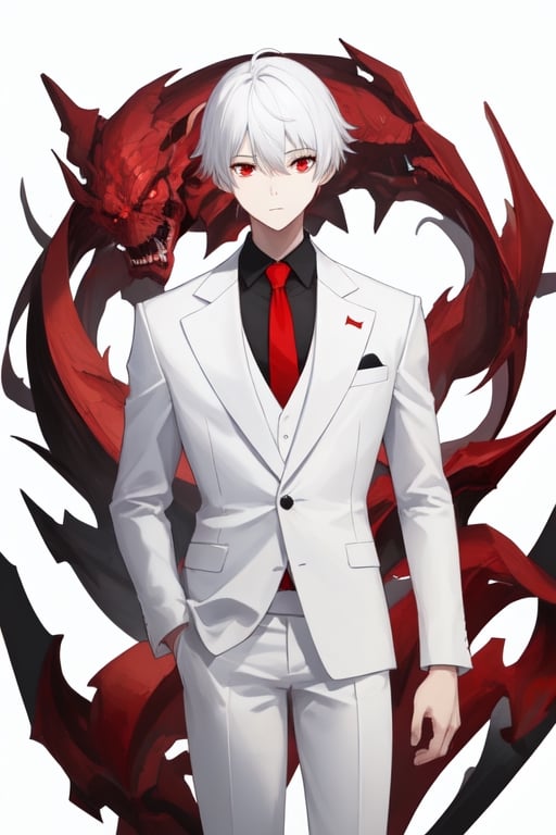 Man alone, with a white suit, black shirt, red tie, white hair, red eyes, white background, front view, half body.