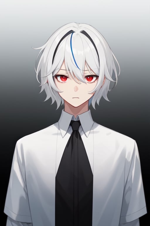 Man alone, looking at viewer, short hair, bangs, simple background, shirt, black hair, red eyes, hair between eyes, closed mouth, upper body, white hair, gray hair, male focus, multi-colored hair, gray background, gradient, black shirt, gradient background, deadpan collar, butler