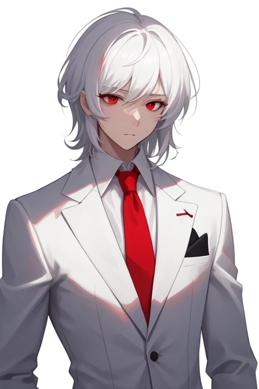 Man alone, with a white suit, black shirt, red tie, white hair, red eyes, white background, front view, half body.