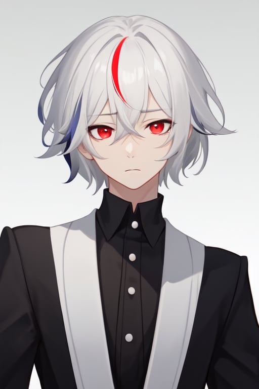 Man alone, looking at viewer, short hair, bangs, simple background, shirt, black hair, red eyes, hair between eyes, closed mouth, upper body, white hair, gray hair, male focus, multi-colored hair, gray background, gradient, black shirt, gradient background, deadpan collar, butler