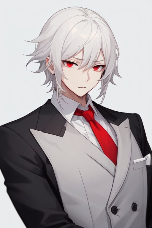 Man alone, long short hair, white hair, red eyes, closed mouth, elegant suit, butler suit, black suit, red tie, elegant white shirt, gray background, gray background