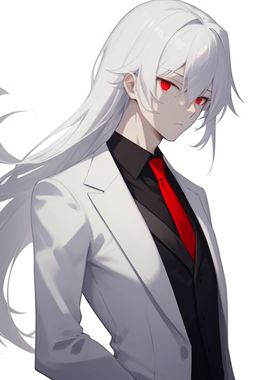 Man alone, with a white suit, black shirt, red tie, white hair, red eyes, white background, front view, half body.