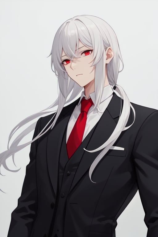 Man alone, long short hair, white hair, red eyes, closed mouth, elegant suit, butler suit, black suit, red tie, elegant white shirt, gray background, gray background