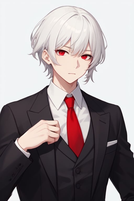 Man alone, short hair, white hair, red eyes, closed mouth, elegant suit, butler suit, black suit, red tie, elegant white shirt, gray background, gray background