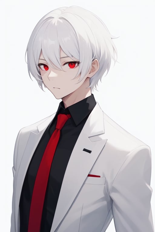 Man alone, with a white suit, black shirt, red tie, white hair, red eyes, white background, front view, half body.