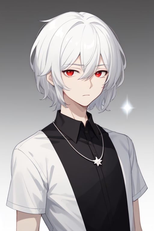 Man alone, looking at viewer, short hair, simple background, shirt, black hair, red eyes, hair between eyes, closed mouth, upper body, white hair, male focus, black and white hair, gray background, gradient, shirt black, gradient background, deadpan galaxy necklace, butler,