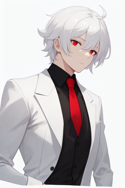 Man alone, with a white suit, black shirt, red tie, white hair, red eyes, white background, front view, half body.