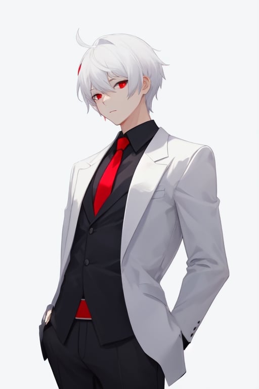 Man alone, with a white suit, black shirt, red tie, white hair, red eyes, white background, front view, half body.