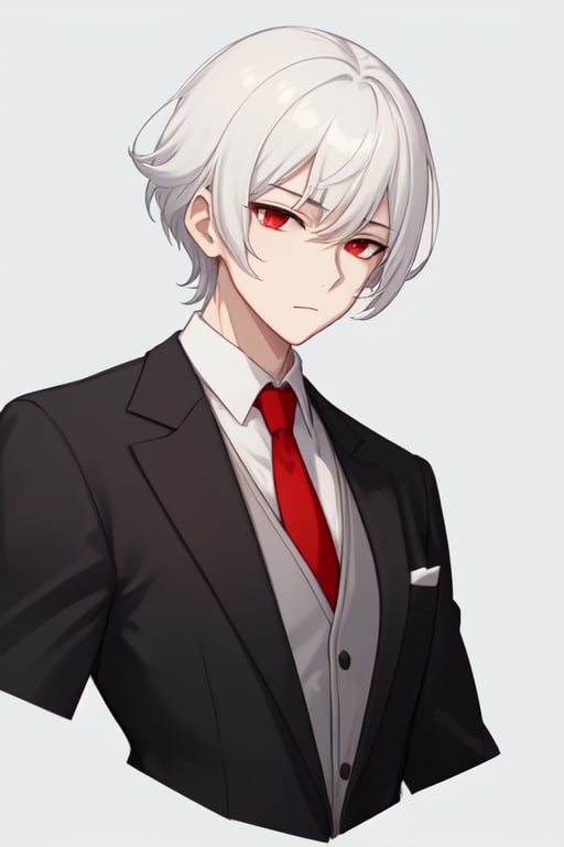 Man alone, short hair, white hair, red eyes, closed mouth, elegant suit, butler suit, black suit, red tie, elegant white shirt, gray background, gray background