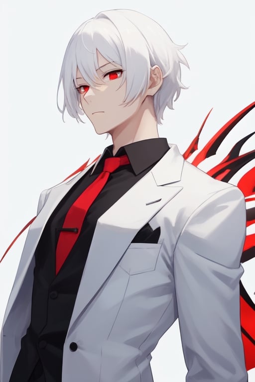 Man alone, with a white suit, black shirt, red tie, white hair, red eyes, white background, front view, half body.