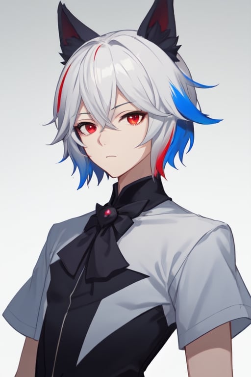 Man alone, looking at viewer, short hair, bangs, simple background, shirt, black hair, red eyes, hair between eyes, closed mouth, upper body, white hair, gray hair, male focus, multi-colored hair, gray background, gradient, black shirt, gradient background, expressionless, butler