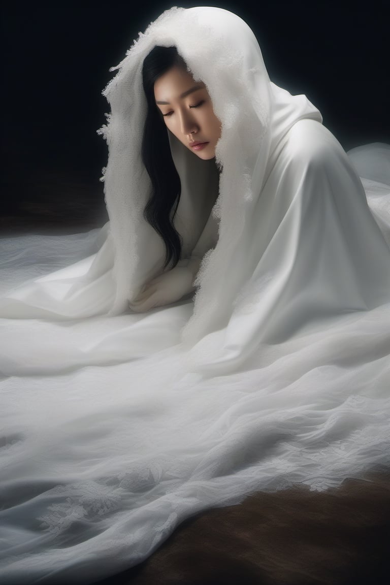 buried underneath a long white hooded lace cape, a melting asian bride laying flat underneath a melting long flowing white cape, with body laying on the floor and head only exposed