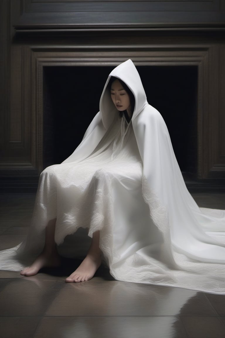 buried underneath a long white hooded lace cape, a shrunken asian bride laying flat underneath a melting long flowing white cape, with body laying on the floor and head only exposed