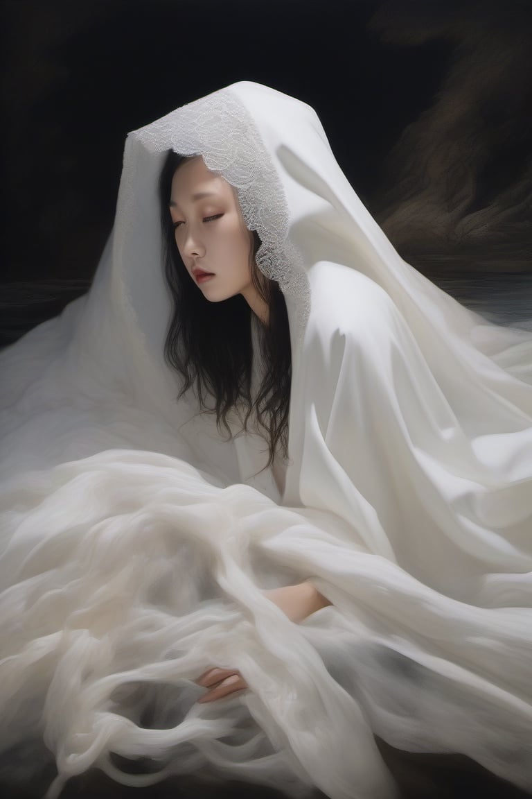 buried underneath a long white hooded lace cape, a melting korean bride laying flat underneath a melting long flowing white cape, with body flatttened and head only exposed