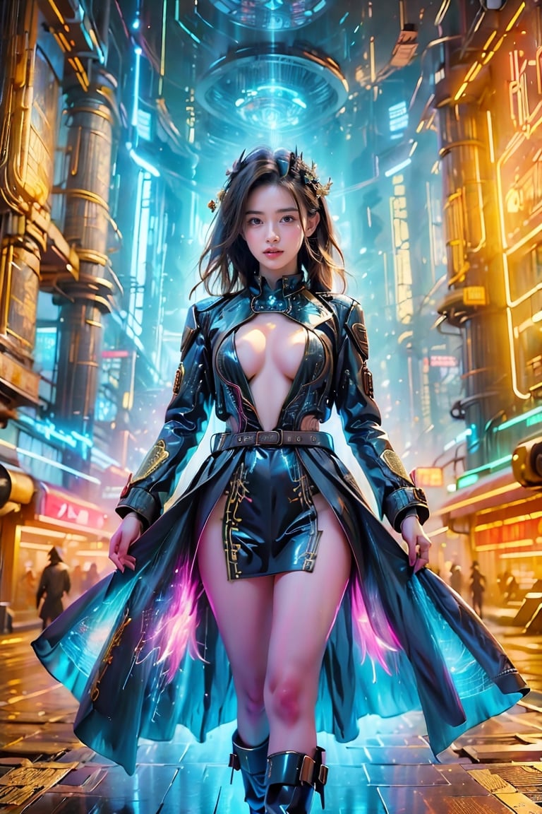 Masterpiece, best quality, super realistic, 8k, HDR), Envision an enchanting girl who time travel to the past in a labirin full of clock, surround her with time dimension as she travel in time, multiple variation of clock hovering in the air, detailed face, blue eyes, long hair, gazing to the sky, big breast, curvy lender body, wearing time travel enchanting fashion, belt with clock ornament, black boots of glowing cog, various clock ornaments, ultra detailed, best quality, vivid color, absurdity, time travel effect, speed of light, labirin of clock, worm hole,Time Travel Style, sharp focus, centered image, wide shot, fisheye lens effect,GlowingTat, worm hole, science_fiction, time_paradox, super detailed background, intricate textures, macro detailed,Mecha,Mecha,mygirl,Cyberpunk, Medium Close-Up