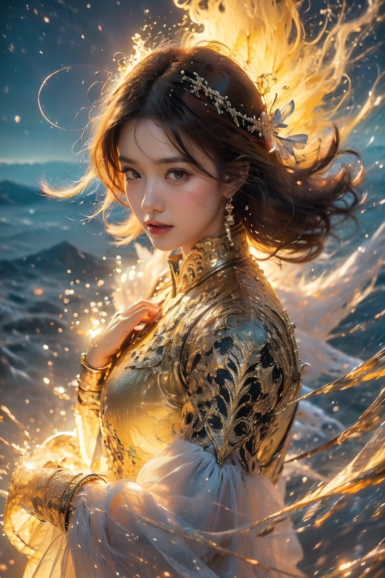 1girl, fiercely lunges towards her enemy, star in eye, blush, perfect illumination, caramel hair styled as short hair, bright red hair, wearing golden headband around the head, star jewel earing, red eyes,  dressed in outfit with outer golden chest armor, beautiful wings, spraying water droplets in all directions, Gorgeous, ethereal aura, ray tracing, sidelighting, detailed face, bangs, bright skin, dreamlike atmosphere, starry nebula background, Sharp glossy focus, equirectangular 360, Highres 8k, extreme detailed, aesthetic, masterpiece, best quality, rich texture, kinetic move effect, colorful,Movie Still,solo,r1ge,haifeisi,mygirl