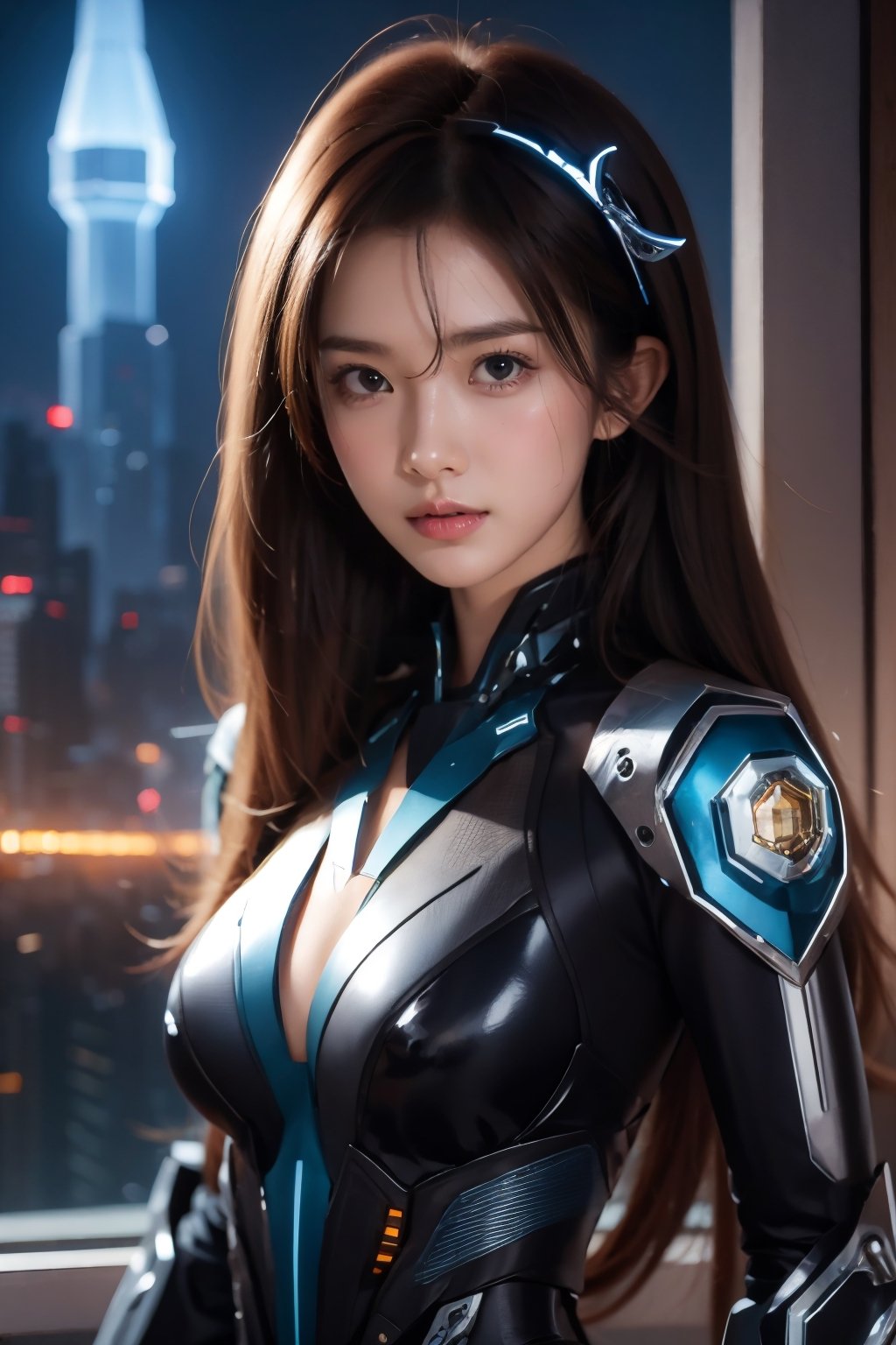 (masterpiece), science fiction, scenery,  1girl, long hair, bangs, beautiful eyes, mecha headgear, sci-fi bodysuits, ,C7b3rp0nkStyle, medium shot, upper body, body curve, dynamic pose, dark, dark background, night, focus eyes, ,Enhance, symmetrical, ,mygirl,hourglass body shape, jump, beautiful girl