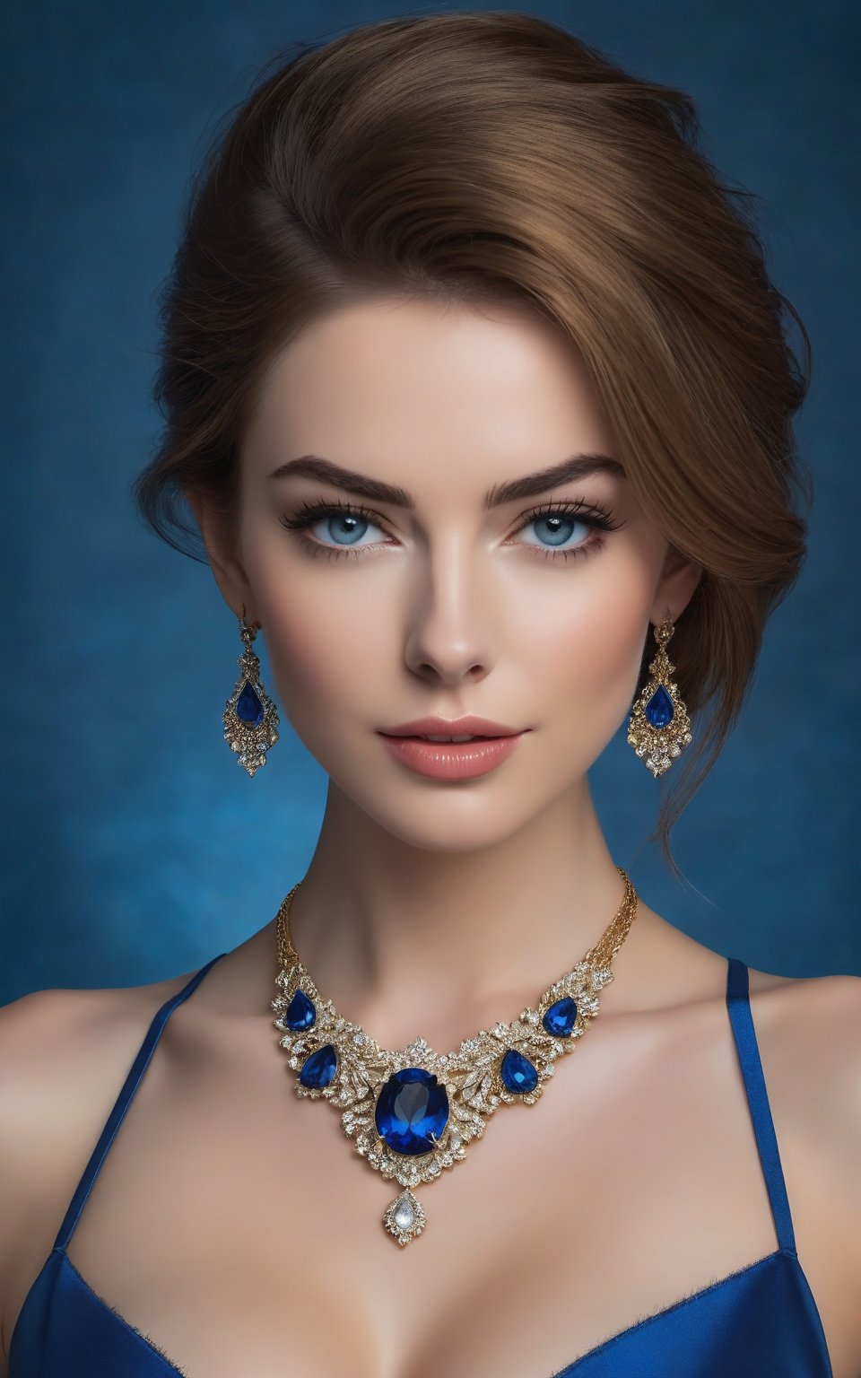 In a striking vertical composition, a stunning russian woman with a bold wolf-cut brown hairdo stands tall, exuding confidence and poise as she gazes directly into the lens with unwavering determination. Her piercing sapphire blue eyes sparkle behind thick lashes, framed by her sleek blue midriff that accentuates her toned physique. Against a textured background, she appears regal, her facial features reminiscent of Anne Hathaway's - high cheekbones, defined jawline, and full lips. Soft natural light casts a flattering glow on the subject, while her golden hair cascades down her back like a waterfall, framing her majestic visage. large breasts cleavage, necklace, large earrings, busty secretary,